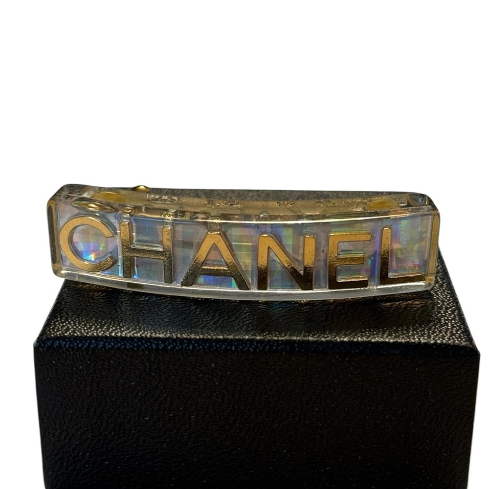 Vintage Chanel 1997 Holographic Resin Logo Barrette – Gold Tone – Made in France
